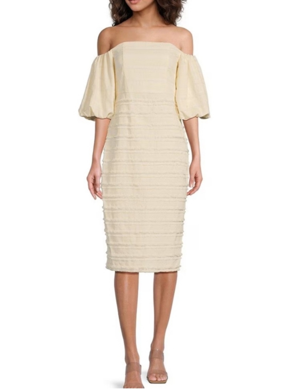 Badgley Mischka Cala Fringed Linen Off-The-Shoulder Puff Sleeve Midi Dress